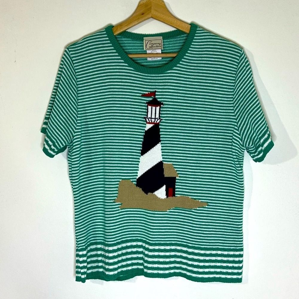 Vintage Green White Striped Knit Sweater with Lighthouse Motif
